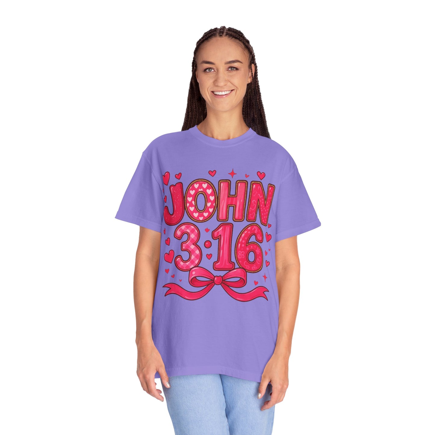 John 3:16 T-Shirt — Valentine Christian Tee with Hearts & Ribbon