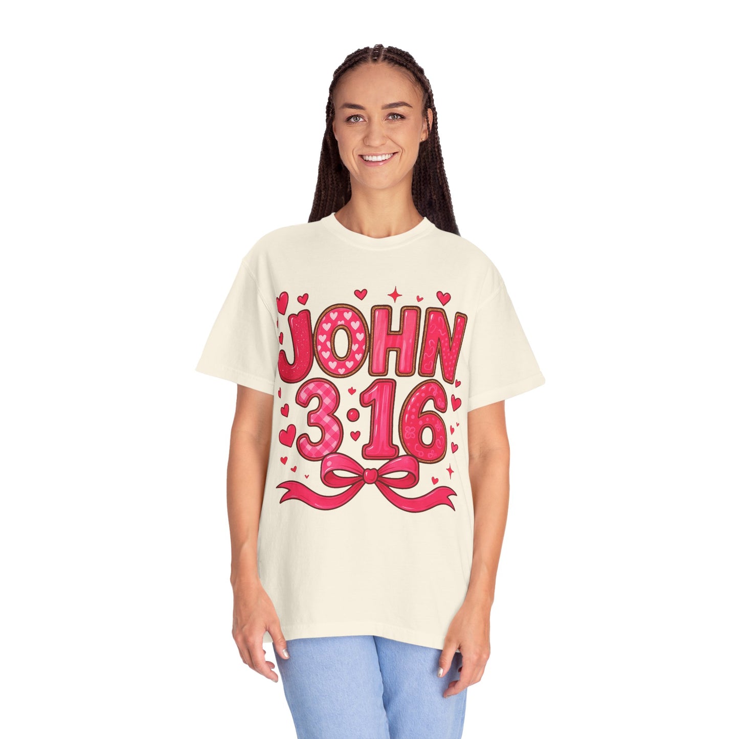 John 3:16 T-Shirt — Valentine Christian Tee with Hearts & Ribbon