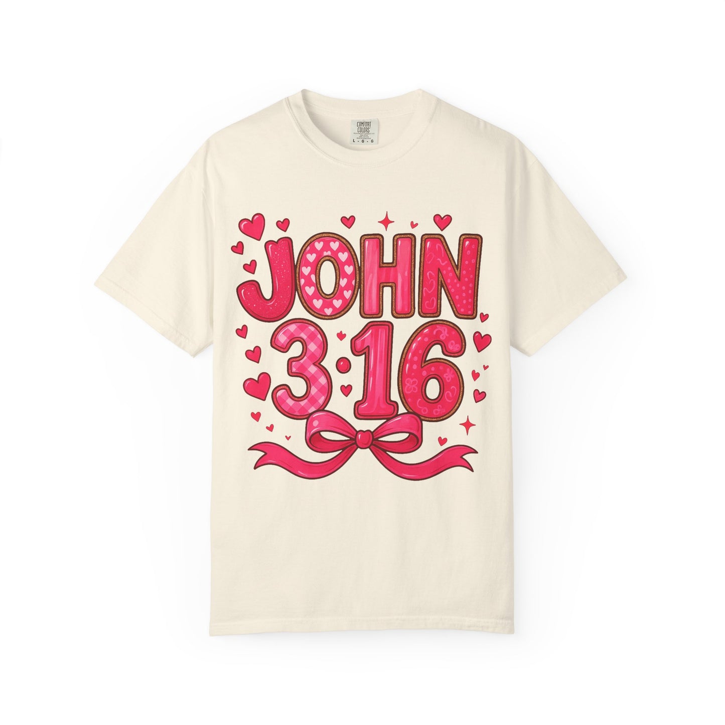 John 3:16 T-Shirt — Valentine Christian Tee with Hearts & Ribbon