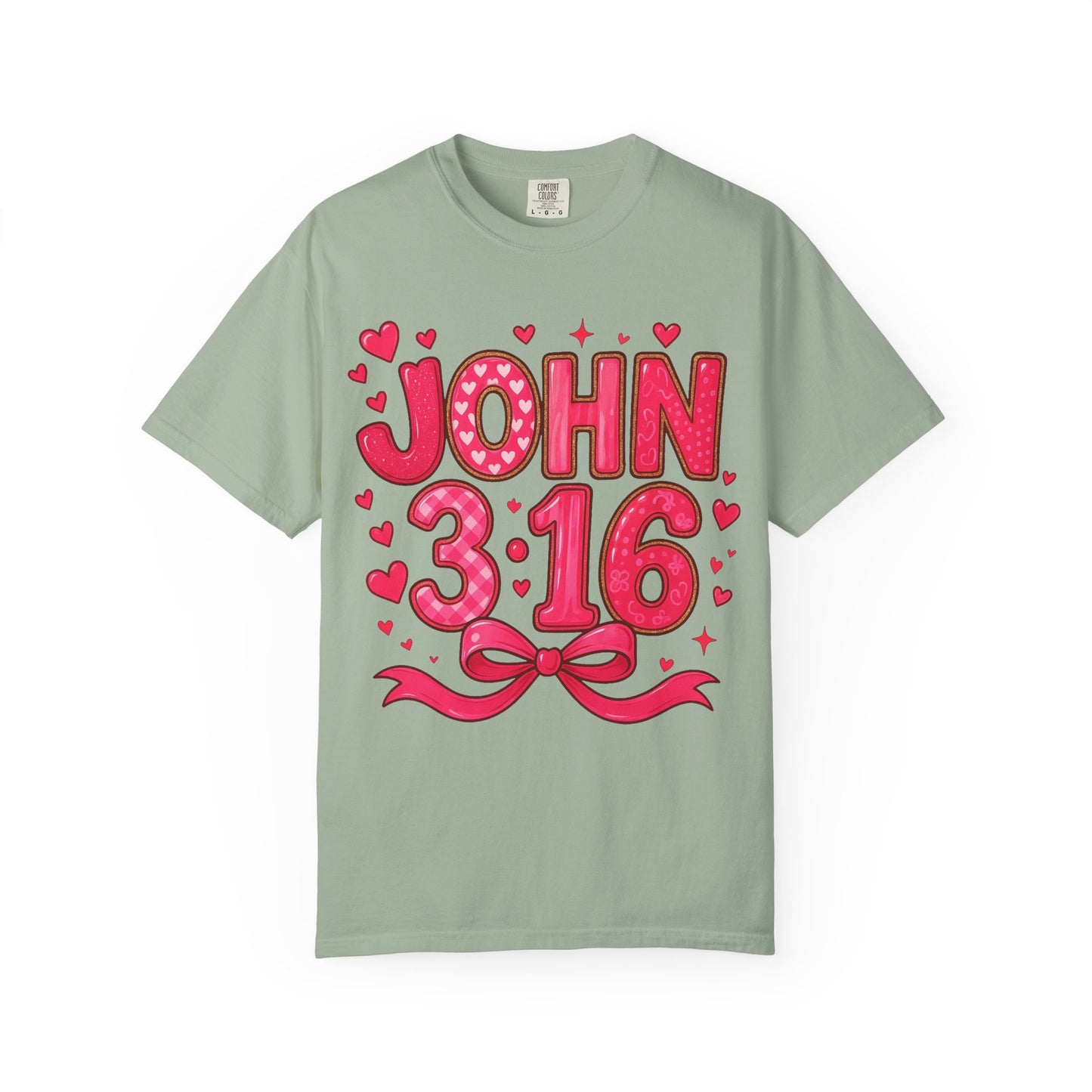 John 3:16 T-Shirt — Valentine Christian Tee with Hearts & Ribbon