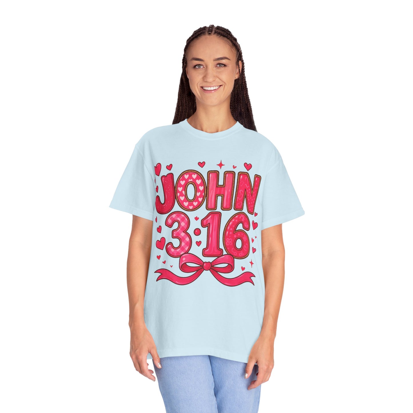 John 3:16 T-Shirt — Valentine Christian Tee with Hearts & Ribbon