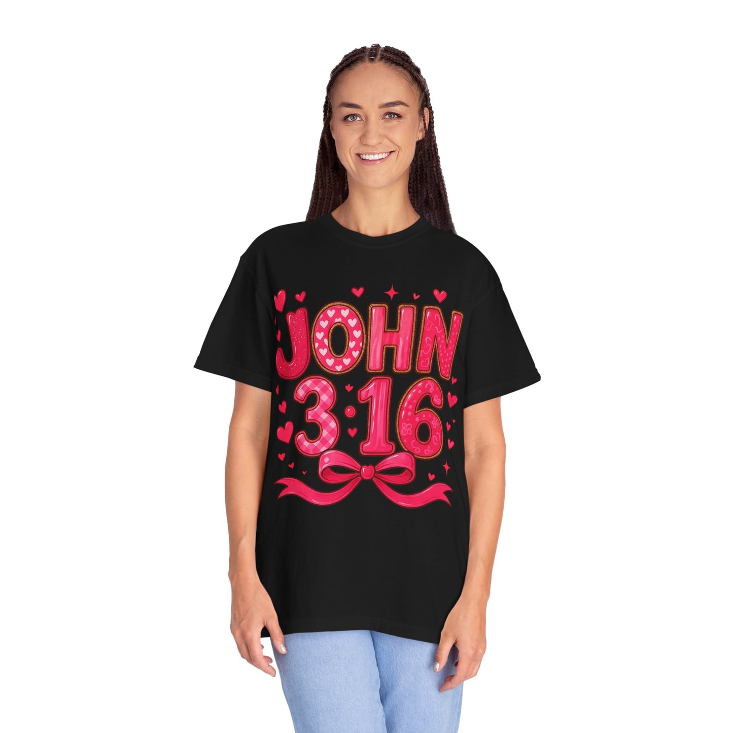 John 3:16 T-Shirt — Valentine Christian Tee with Hearts & Ribbon