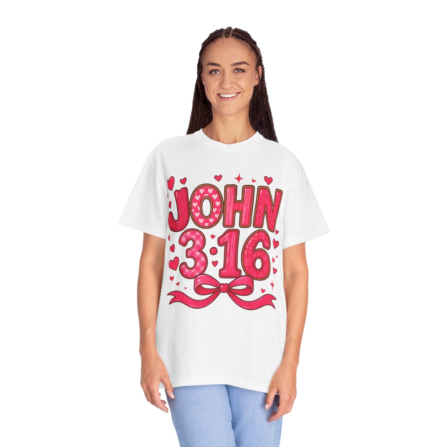 John 3:16 T-Shirt — Valentine Christian Tee with Hearts & Ribbon