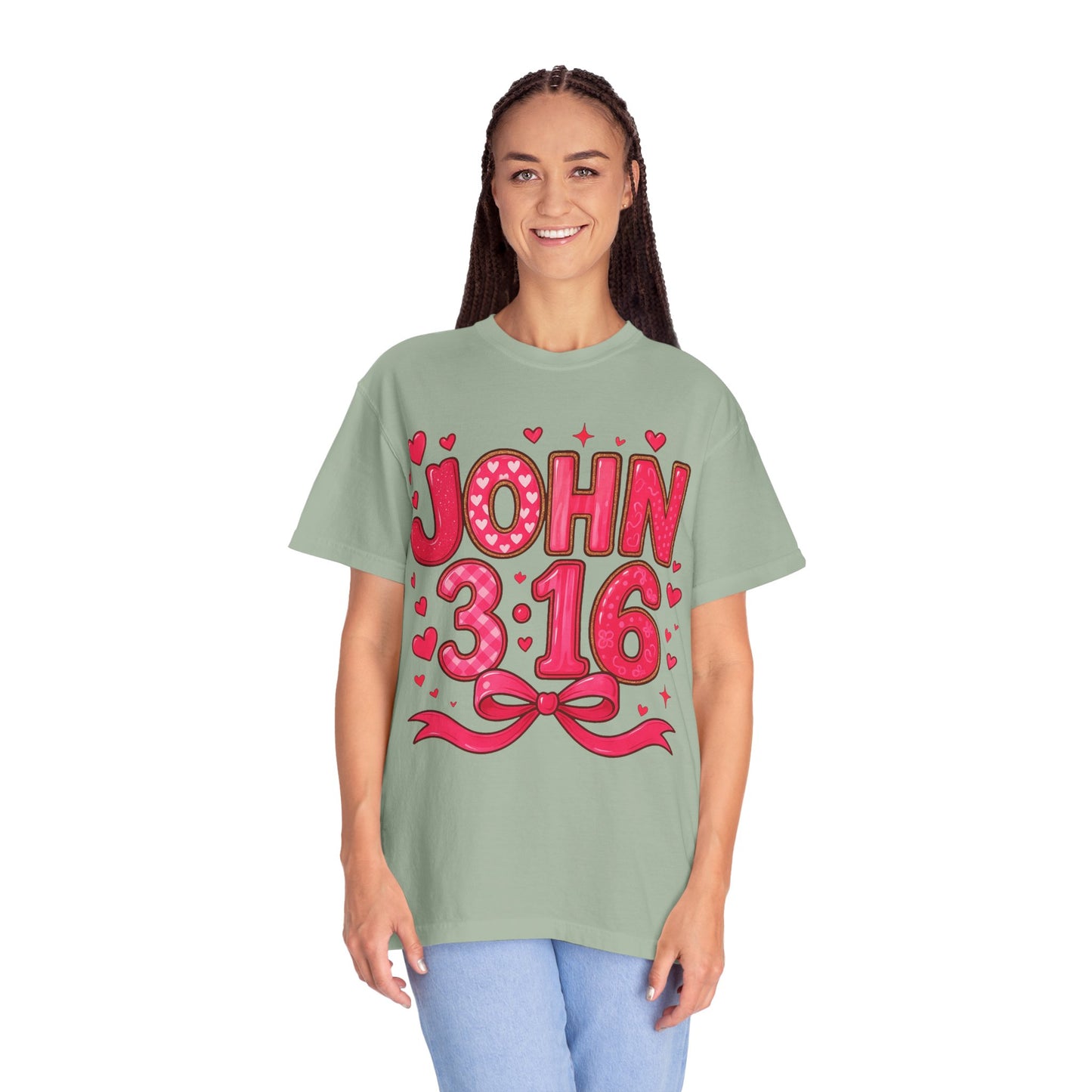 John 3:16 T-Shirt — Valentine Christian Tee with Hearts & Ribbon
