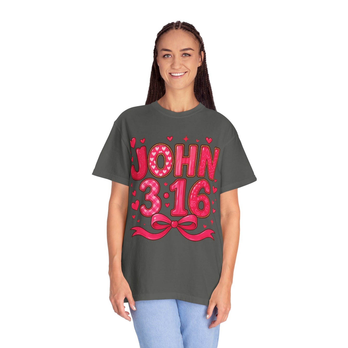 John 3:16 T-Shirt — Valentine Christian Tee with Hearts & Ribbon