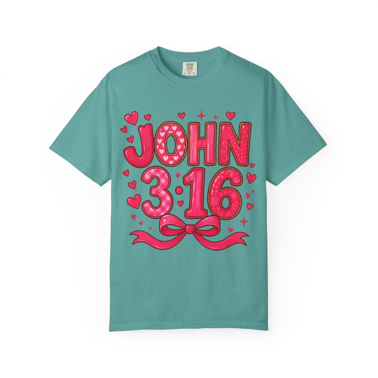 John 3:16 T-Shirt — Valentine Christian Tee with Hearts & Ribbon