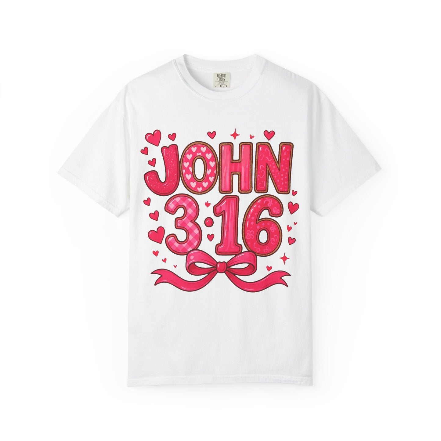 John 3:16 T-Shirt — Valentine Christian Tee with Hearts & Ribbon