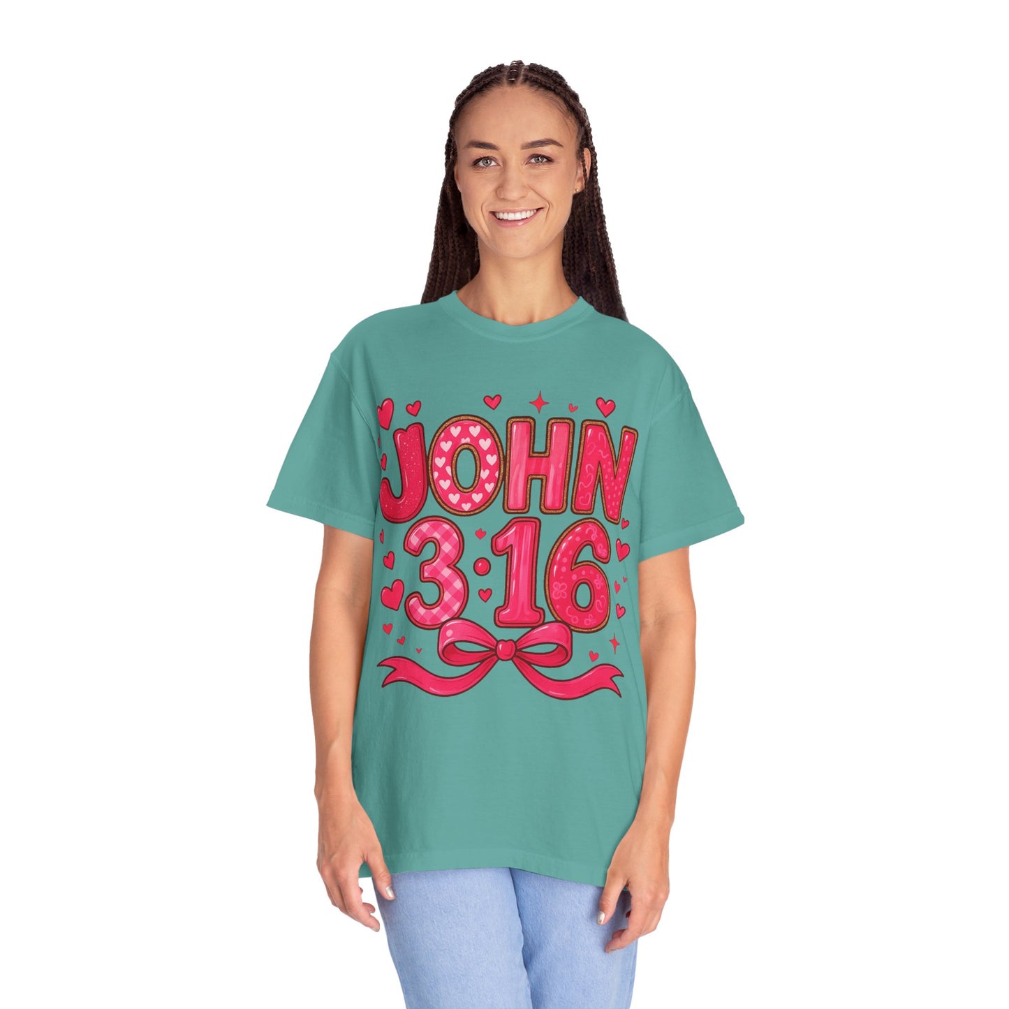 John 3:16 T-Shirt — Valentine Christian Tee with Hearts & Ribbon