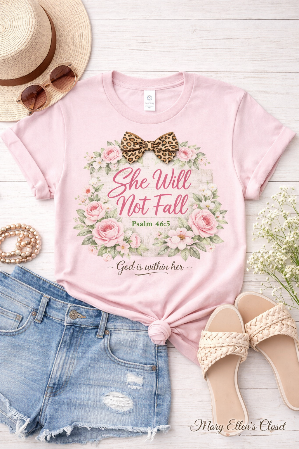 She Will Not Fall Shirt, Psalm 46:5 Floral Tee
