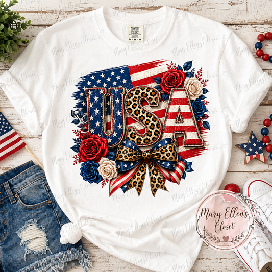 USA Leopard Bow Patriotic Shirt – Shabby Chic Red, White & Blue Floral Tee